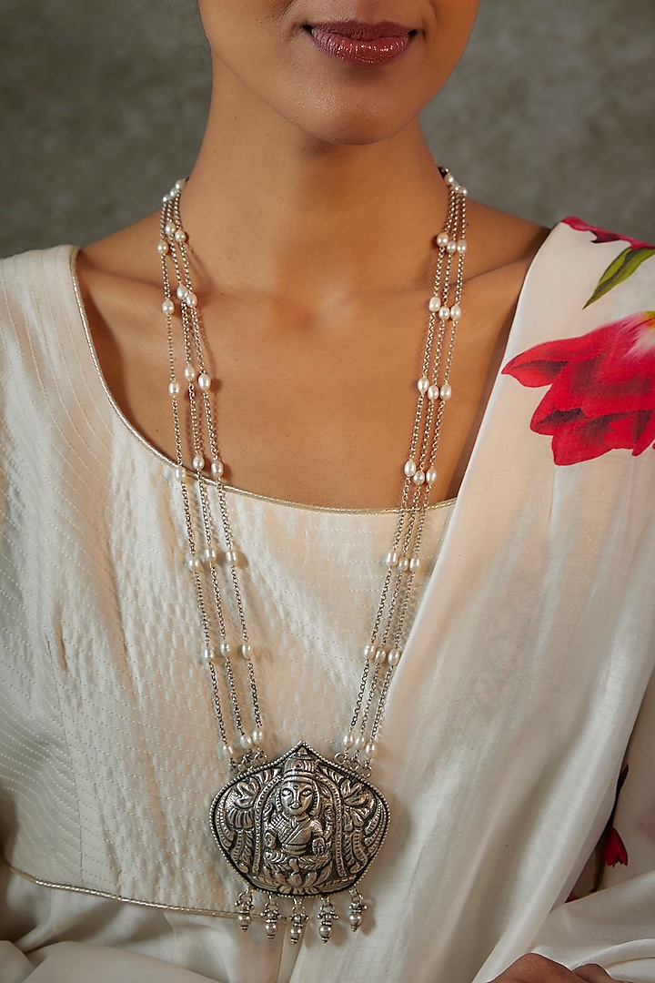 Beaded Pearl Laxmi Temple Long Necklace In Sterling Silver by Akarsaka 92.5 Silver