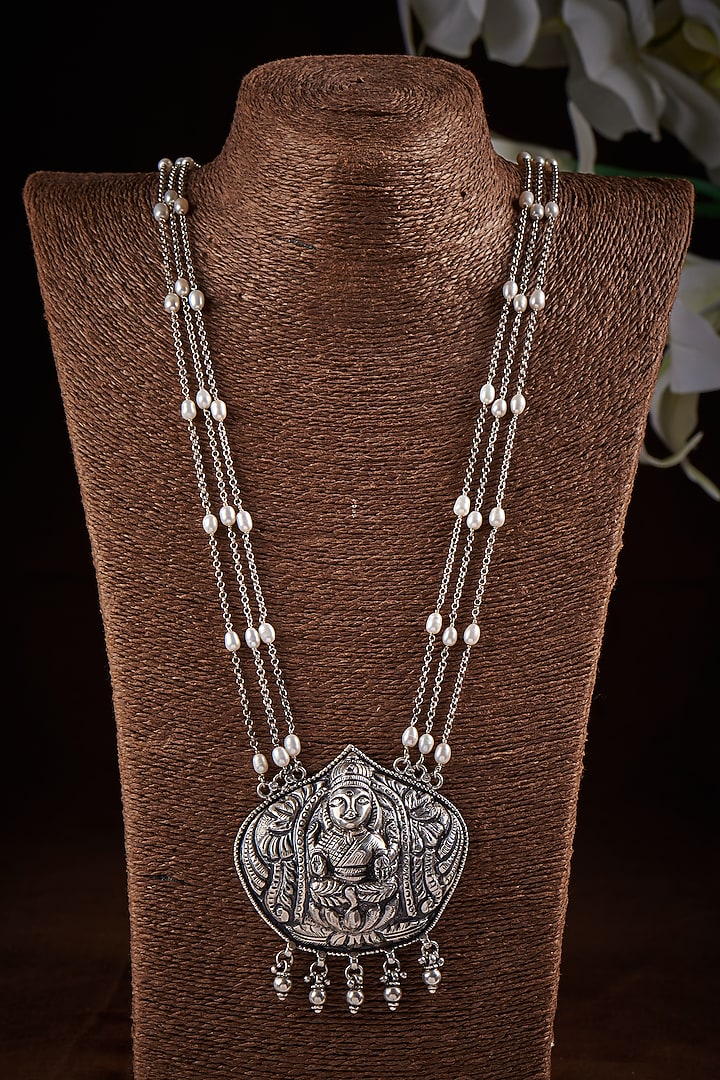 Beaded Pearl Laxmi Temple Long Necklace In Sterling Silver by Akarsaka 92.5 Silver at Pernia's Pop Up Shop