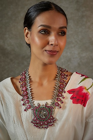 Ruby Long Temple Necklace In Sterling Silver by Akarsaka 92.5 Silver