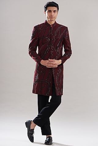 Wine Japanese Mix Polyester Embroidered Indowestern Set by Attire by kunal & Sid j