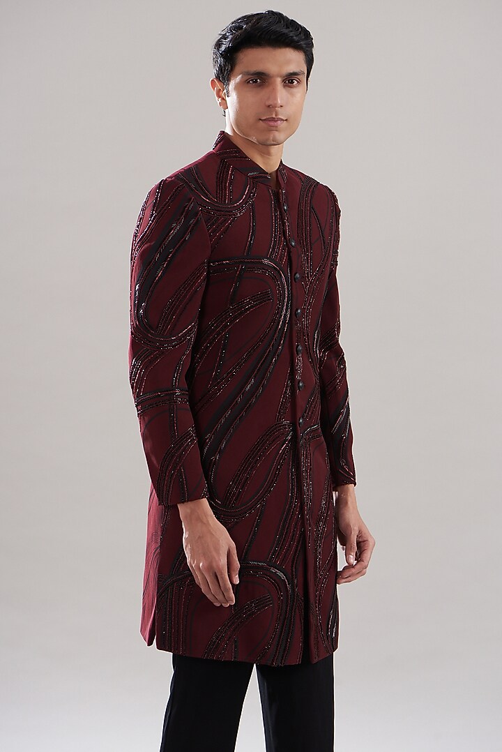 Wine Japanese Mix Polyester Embroidered Wedding Indowestern Set by Attire by kunal & Sid j at Pernia's Pop Up Shop