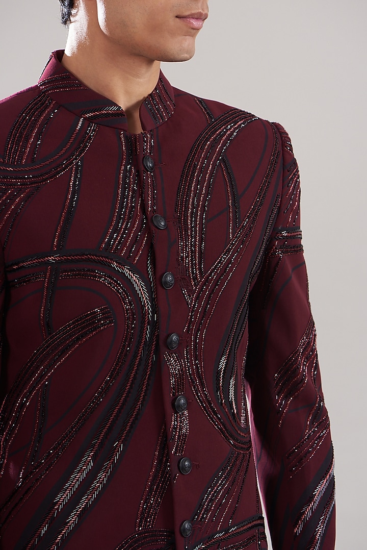 Wine Japanese Mix Polyester Embroidered Wedding Indowestern Set by Attire by kunal & Sid j at Pernia's Pop Up Shop