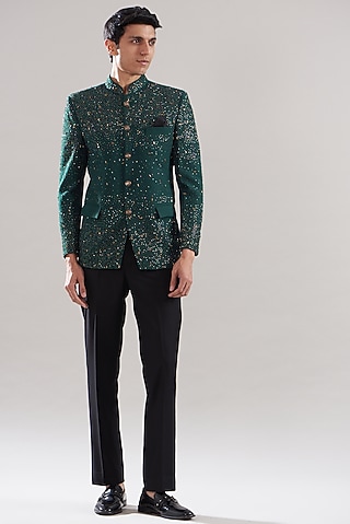 Dark Green Japanese Mix Polyester Embroidered Bandhgala Set by Attire by kunal & Sid j