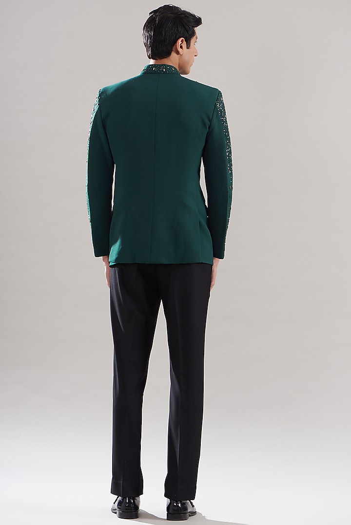 Dark Green Japanese Mix Polyester Embroidered Wedding Bandhgala Set by Attire by kunal & Sid j at Pernia's Pop Up Shop