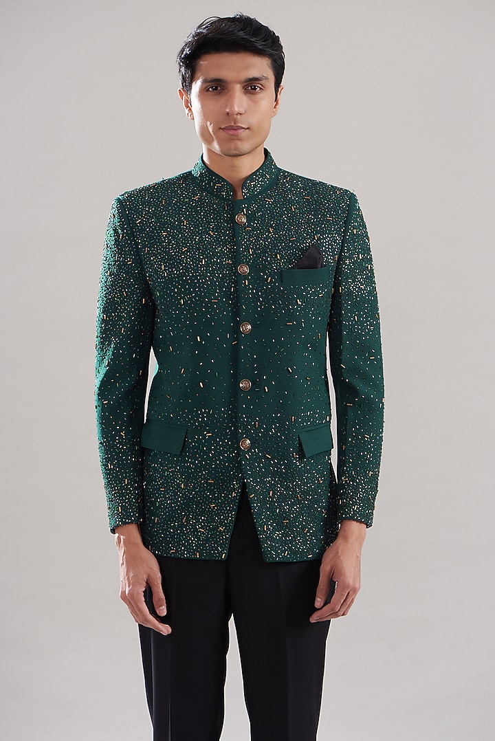Dark Green Japanese Mix Polyester Embroidered Wedding Bandhgala Set by Attire by kunal & Sid j at Pernia's Pop Up Shop