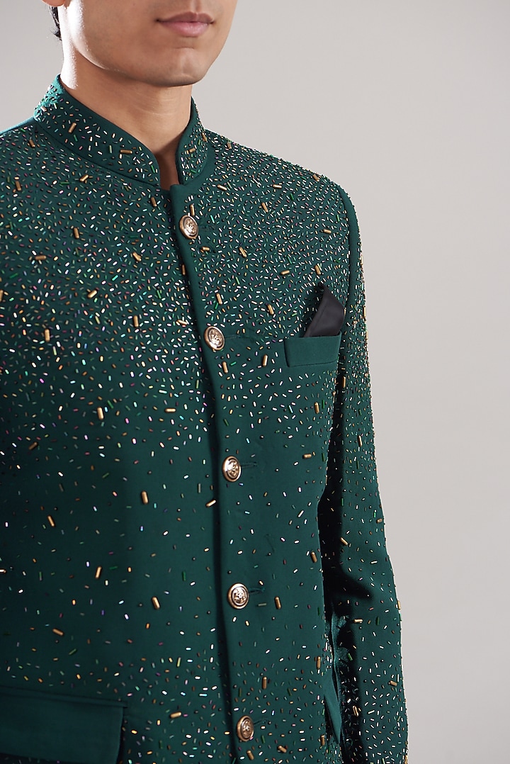 Dark Green Japanese Mix Polyester Embroidered Wedding Bandhgala Set by Attire by kunal & Sid j at Pernia's Pop Up Shop