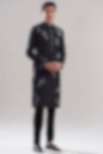 Black Cotton Silk Embroidered Kurta Set by Attire by kunal & Sid j at Pernia's Pop Up Shop