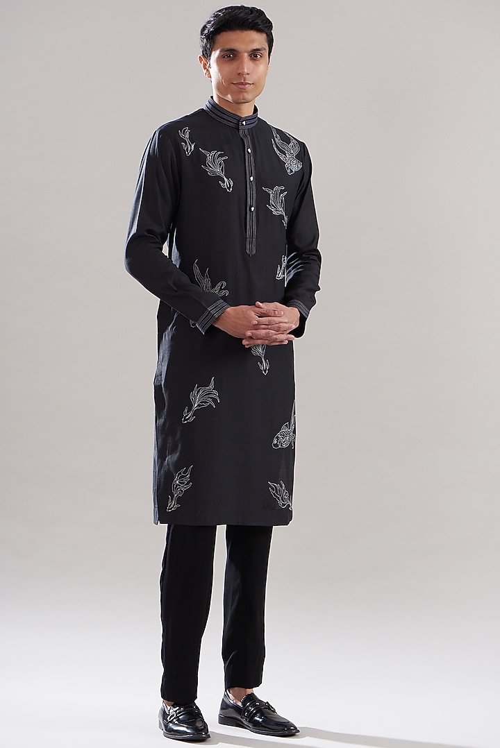 Black Cotton Silk Embroidered Kurta Set by Attire by kunal & Sid j at Pernia's Pop Up Shop