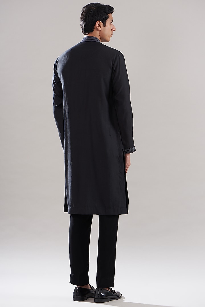 Black Cotton Silk Embroidered Kurta Set by Attire by kunal & Sid j at Pernia's Pop Up Shop