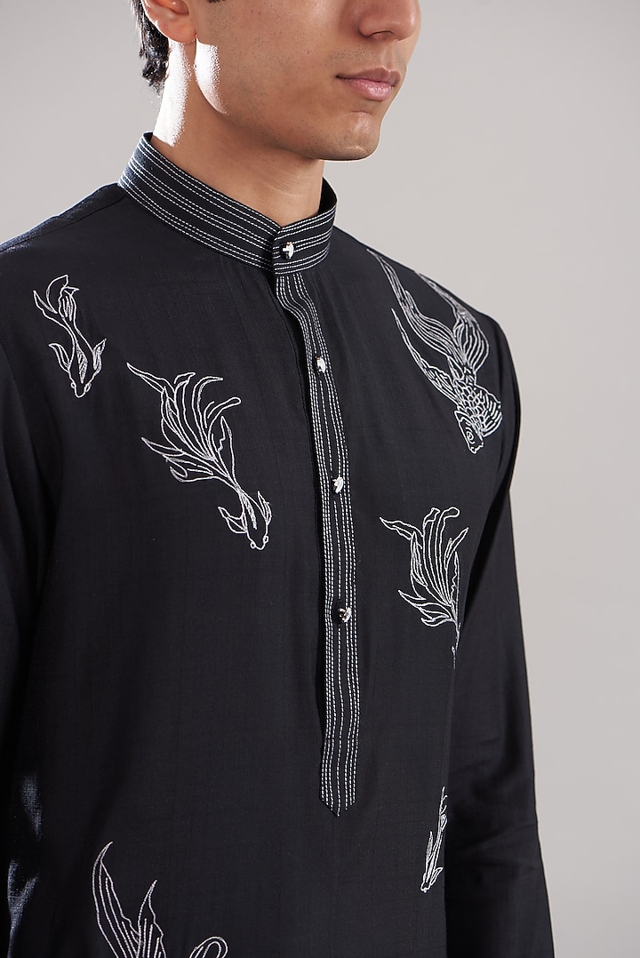Black Cotton Silk Embroidered Kurta Set by Attire by kunal & Sid j at Pernia's Pop Up Shop