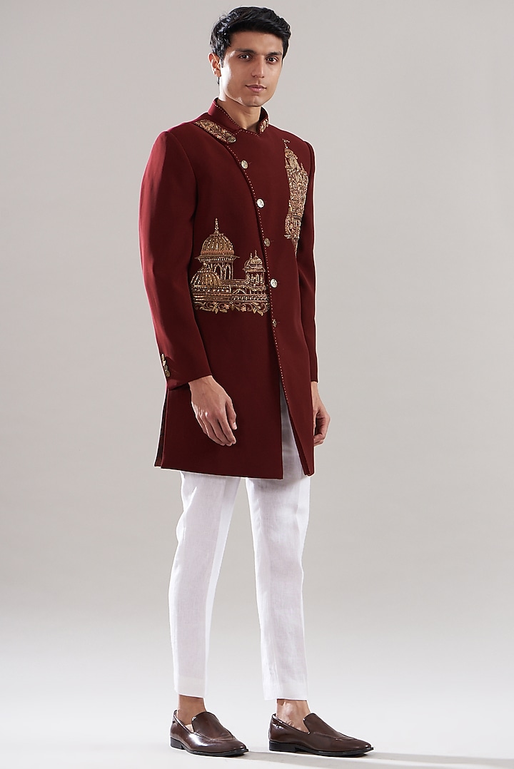 Maroon Japanese Mix Polyester Embroidered Indowestern Set by Attire by kunal & Sid j