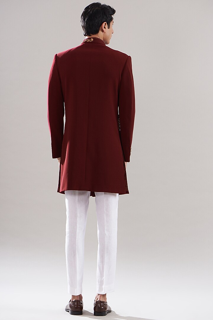 Maroon Japanese Mix Polyester Embroidered Wedding Indowestern Set by Attire by kunal & Sid j at Pernia's Pop Up Shop