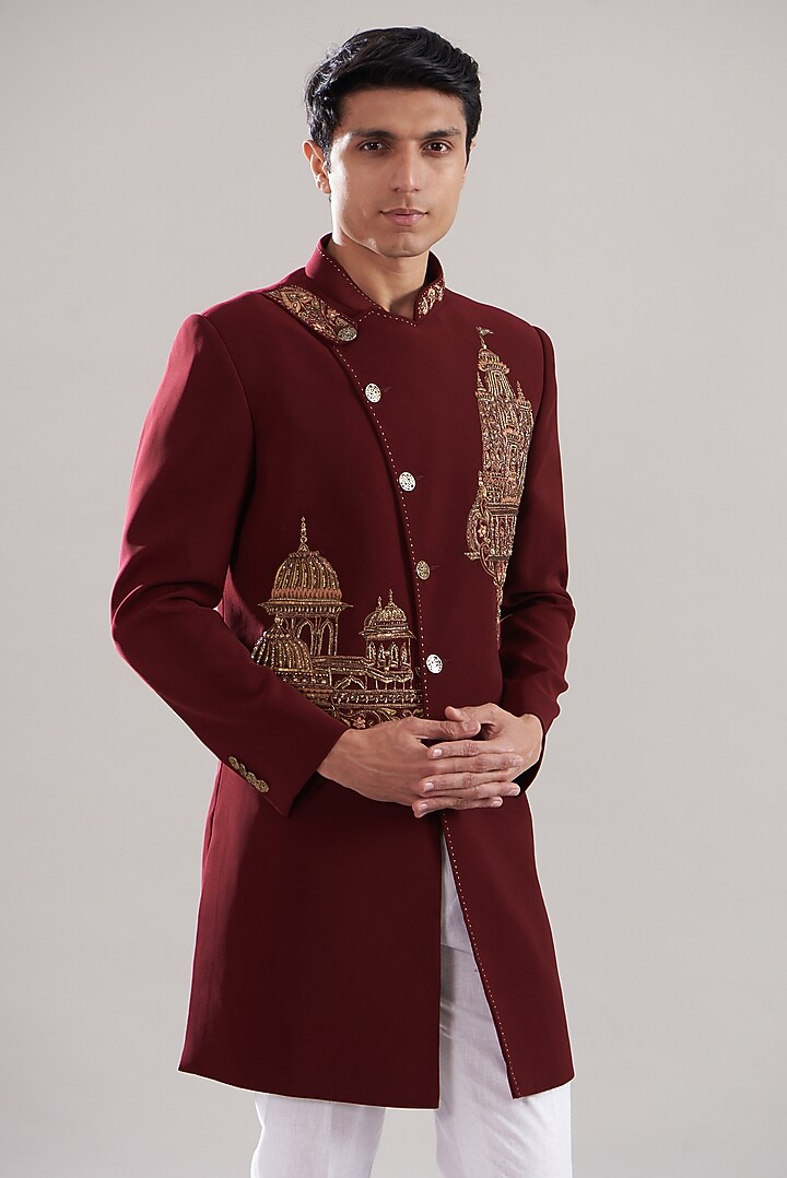 Maroon Japanese Mix Polyester Embroidered Wedding Indowestern Set by Attire by kunal & Sid j at Pernia's Pop Up Shop