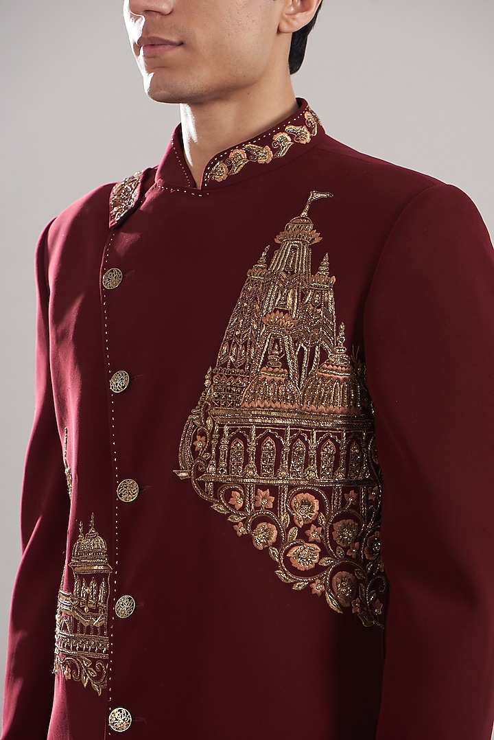 Maroon Japanese Mix Polyester Embroidered Wedding Indowestern Set by Attire by kunal & Sid j at Pernia's Pop Up Shop