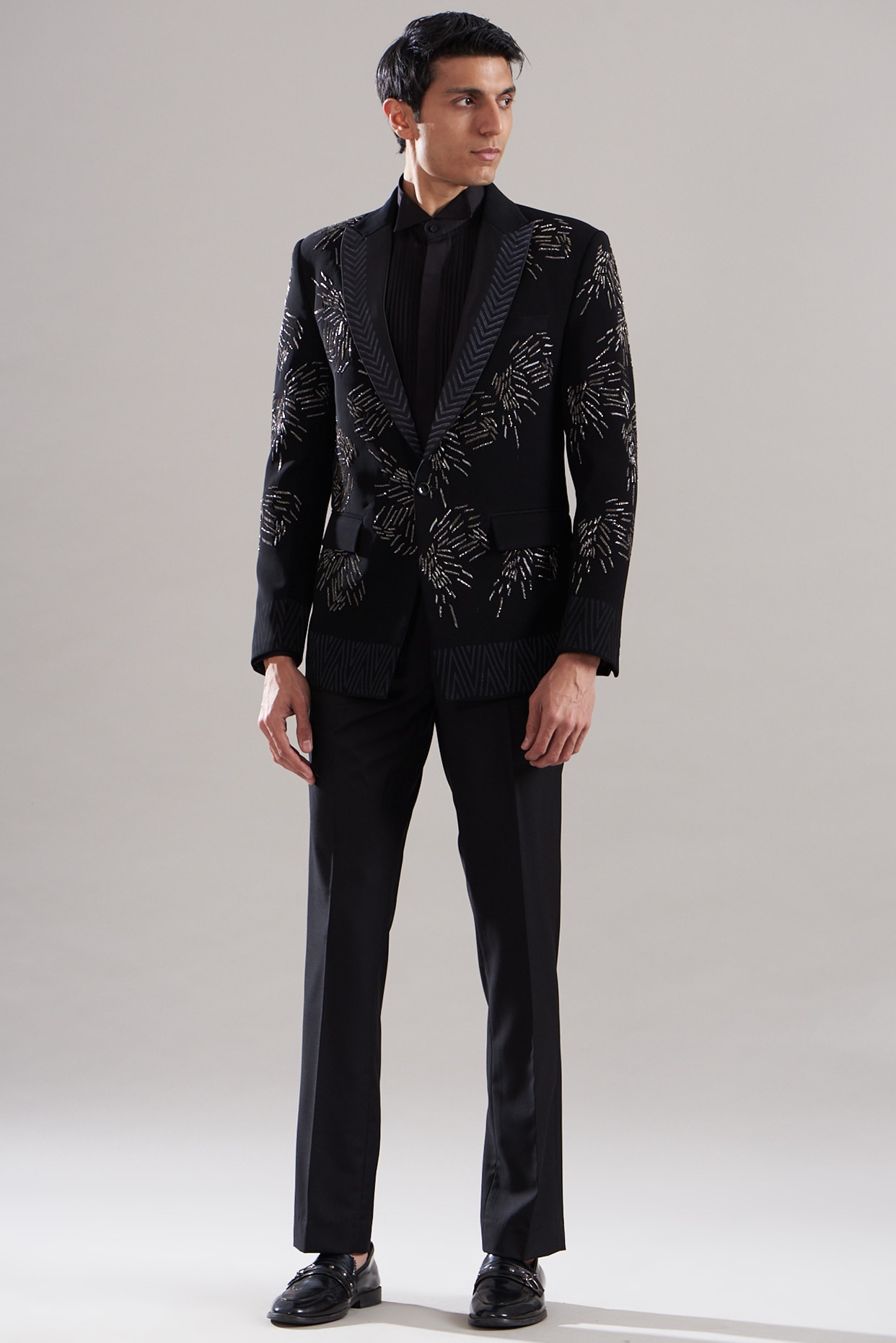Black Japanese Mix Polyester Embroidered Tuxedo Set by