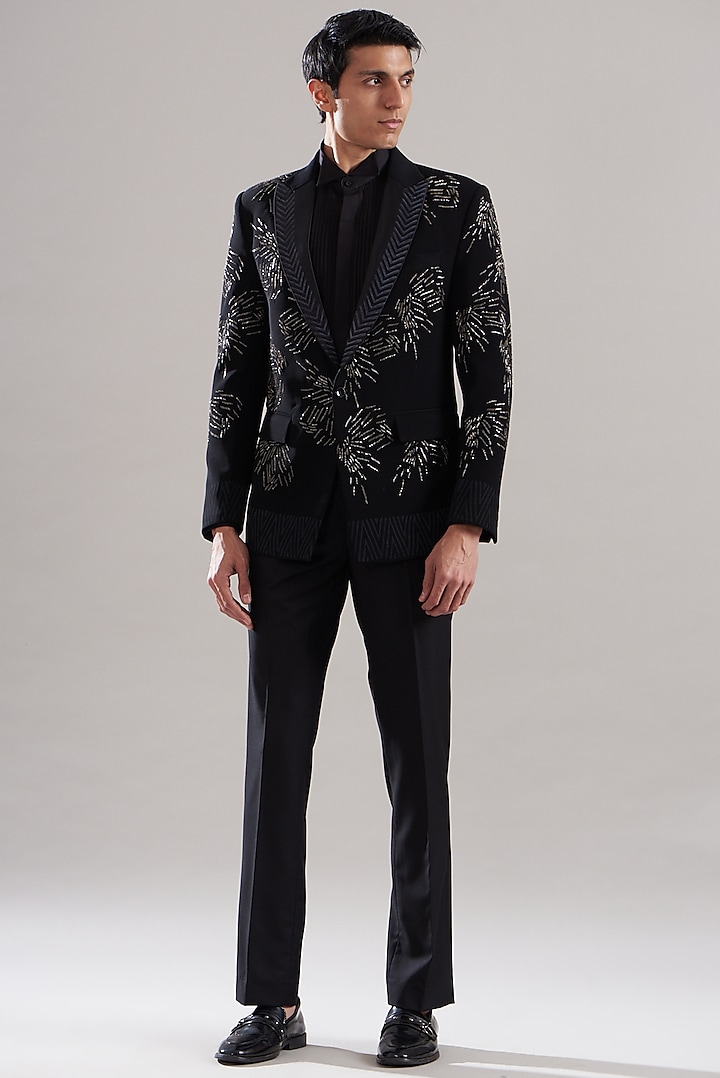 Black Japanese Mix Polyester Embroidered Tuxedo Set by Attire by kunal & Sid j