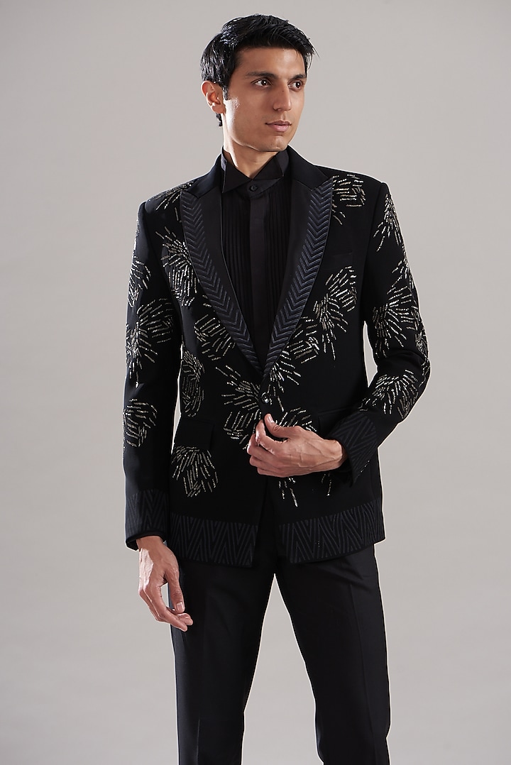 Black Japanese Mix Polyester Embroidered Tuxedo Set by Attire by kunal & Sid j at Pernia's Pop Up Shop