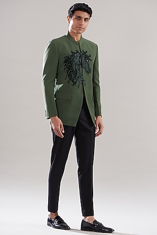 Olive Green Japanese Mix Polyester Embroidered bandhgala Set by Attire by kunal & Sid j