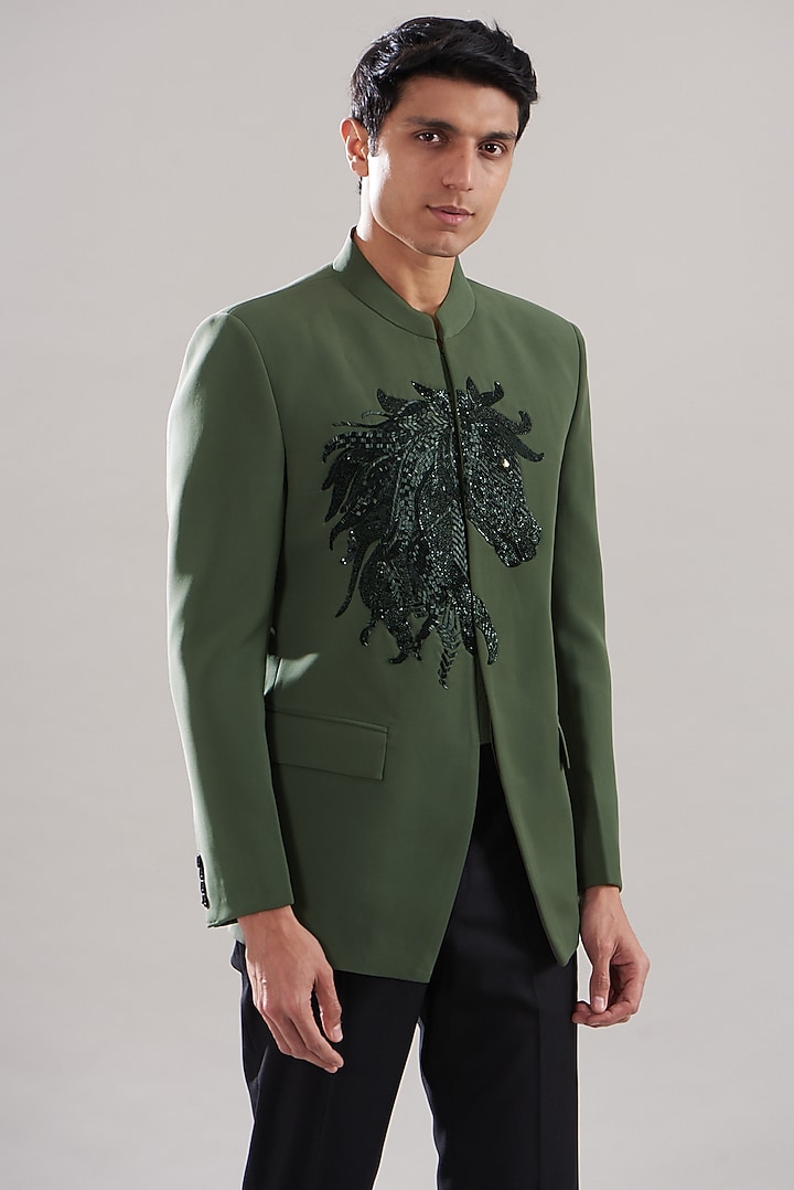 Olive Green Japanese Mix Polyester Embroidered Wedding Bandhgala Set by Attire by kunal & Sid j at Pernia's Pop Up Shop