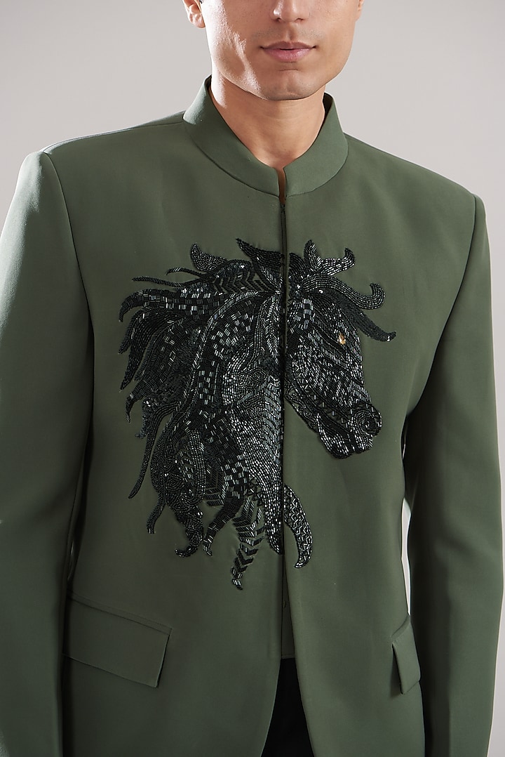 Olive Green Japanese Mix Polyester Embroidered Wedding Bandhgala Set by Attire by kunal & Sid j at Pernia's Pop Up Shop