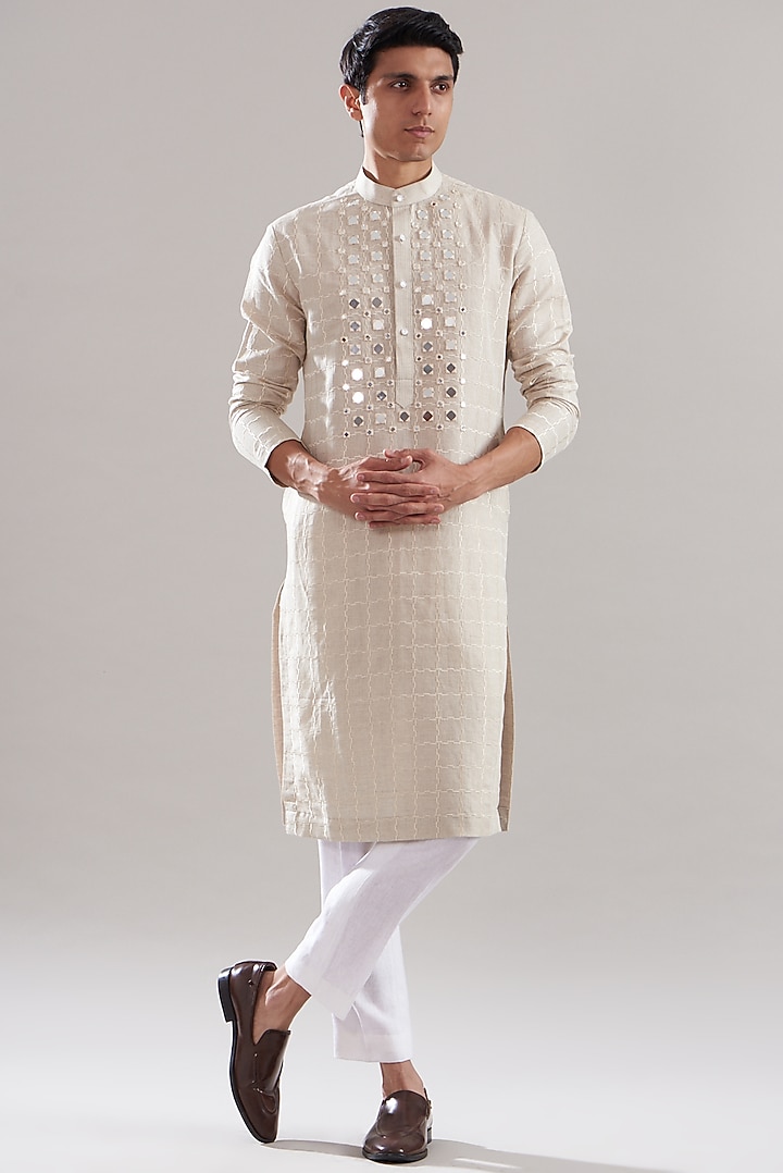 Beige Cotton Linen Mirror Work Kurta Set by Attire by kunal & Sid j at Pernia's Pop Up Shop