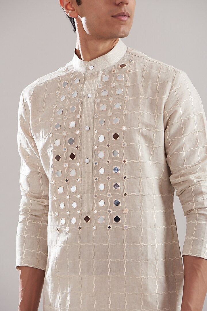 Beige Cotton Linen Mirror Work Kurta Set by Attire by kunal & Sid j at Pernia's Pop Up Shop