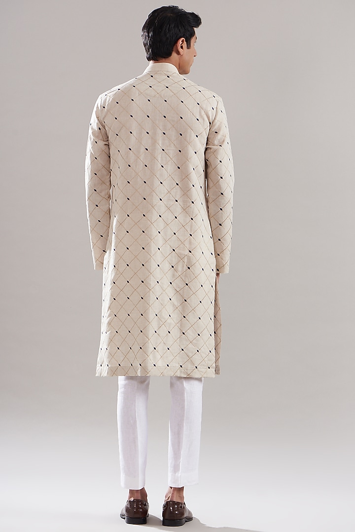 Beige Cotton Linen Mirror Work Kurta Set by Attire by kunal & Sid j at Pernia's Pop Up Shop