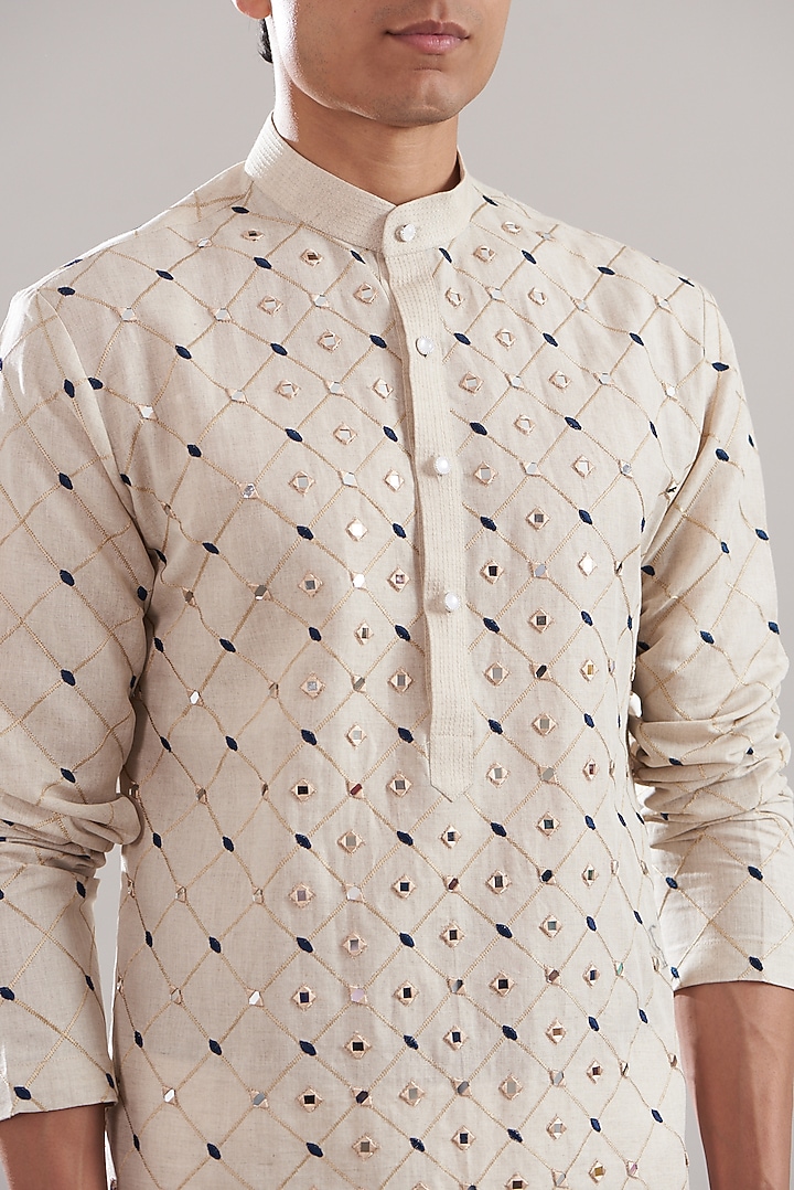 Beige Cotton Linen Mirror Work Kurta Set by Attire by kunal & Sid j at Pernia's Pop Up Shop