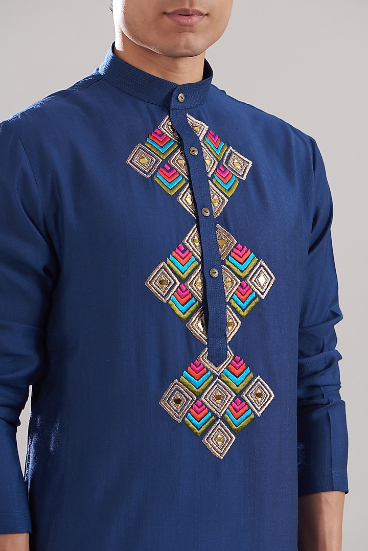 Dark Blue Cotton silk Embroidered Kurta Set by Attire by kunal & Sid j at Pernia's Pop Up Shop