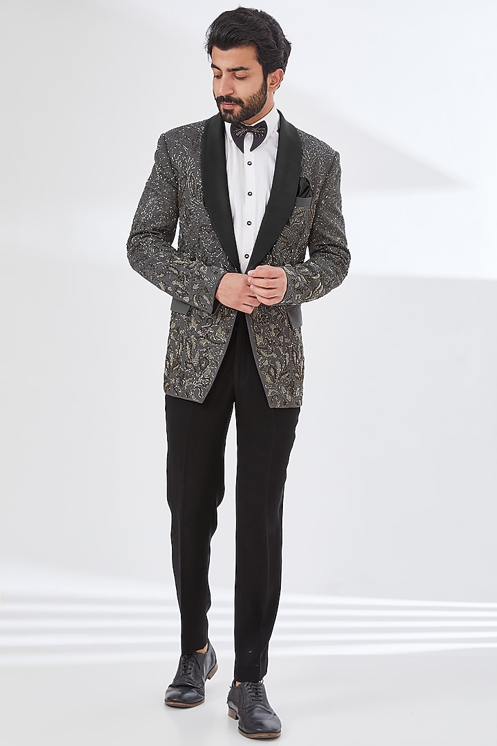 Grey Embroidered Blazer Set by attire by kunal & Sid j