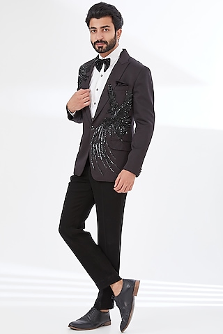 Black Cotton Mix Embroidered Blazer Set by attire by kunal & Sid j