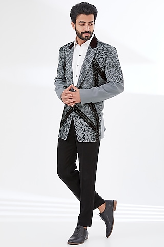 Grey Embroidered Blazer Set by attire by kunal & Sid j