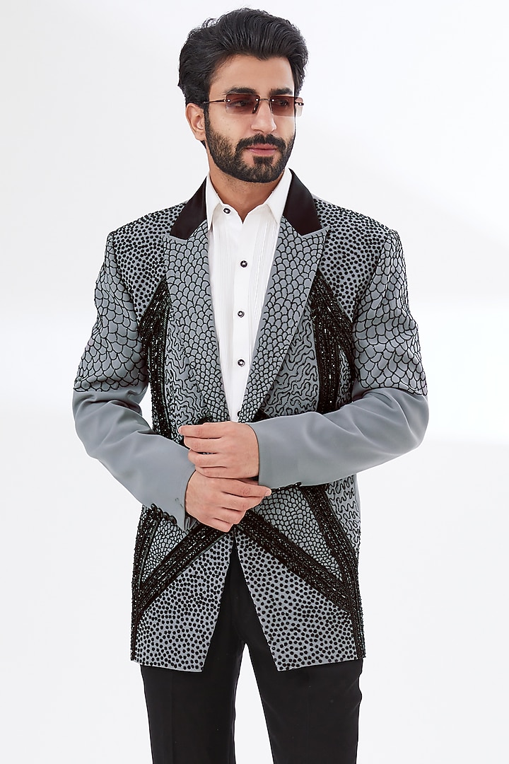 Grey Embroidered Blazer Set by attire by kunal & Sid j at Pernia's Pop Up Shop