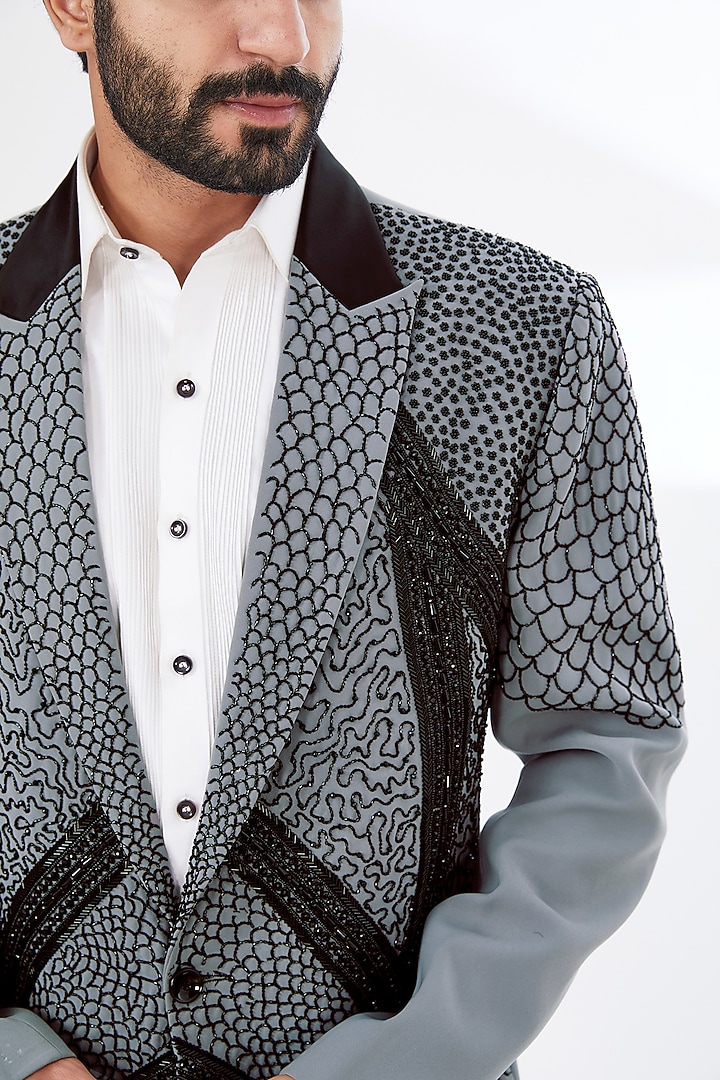 Grey Embroidered Blazer Set by attire by kunal & Sid j at Pernia's Pop Up Shop