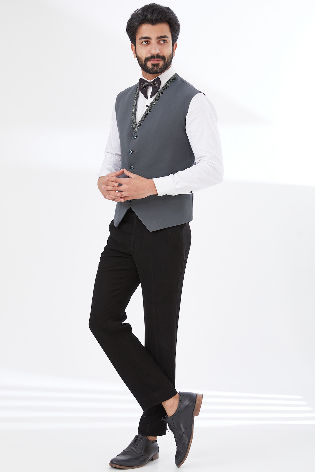Grey Japanese Mix Waistcoat Set by attire by kunal Sid j at