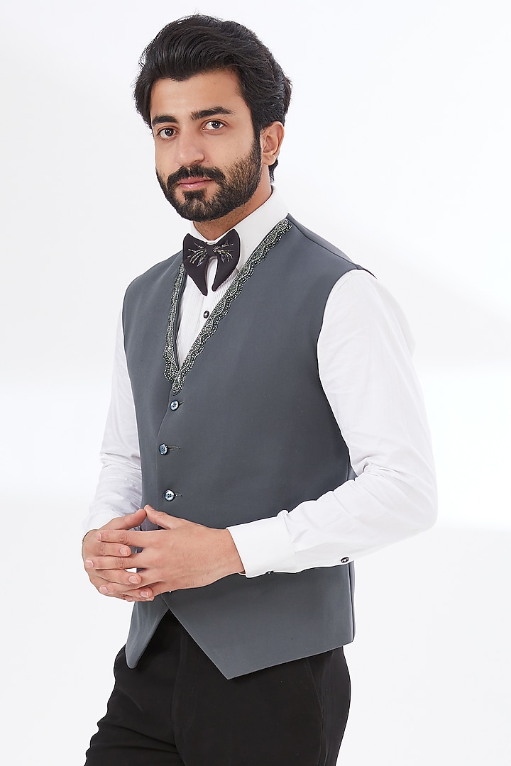 Grey Japanese Mix Waistcoat Set by attire by kunal & Sid j at Pernia's Pop Up Shop