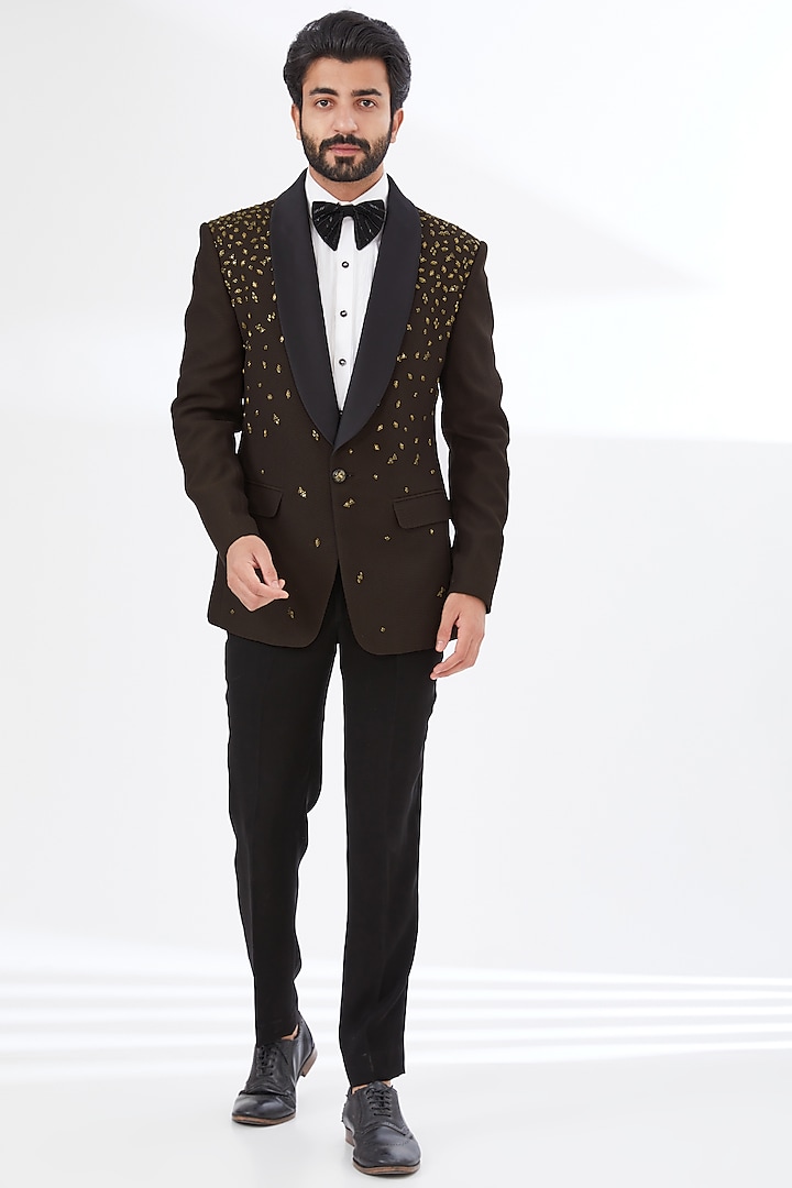 Brown Cotton Polyester Mix Beaded Blazer Set by attire by kunal & Sid j
