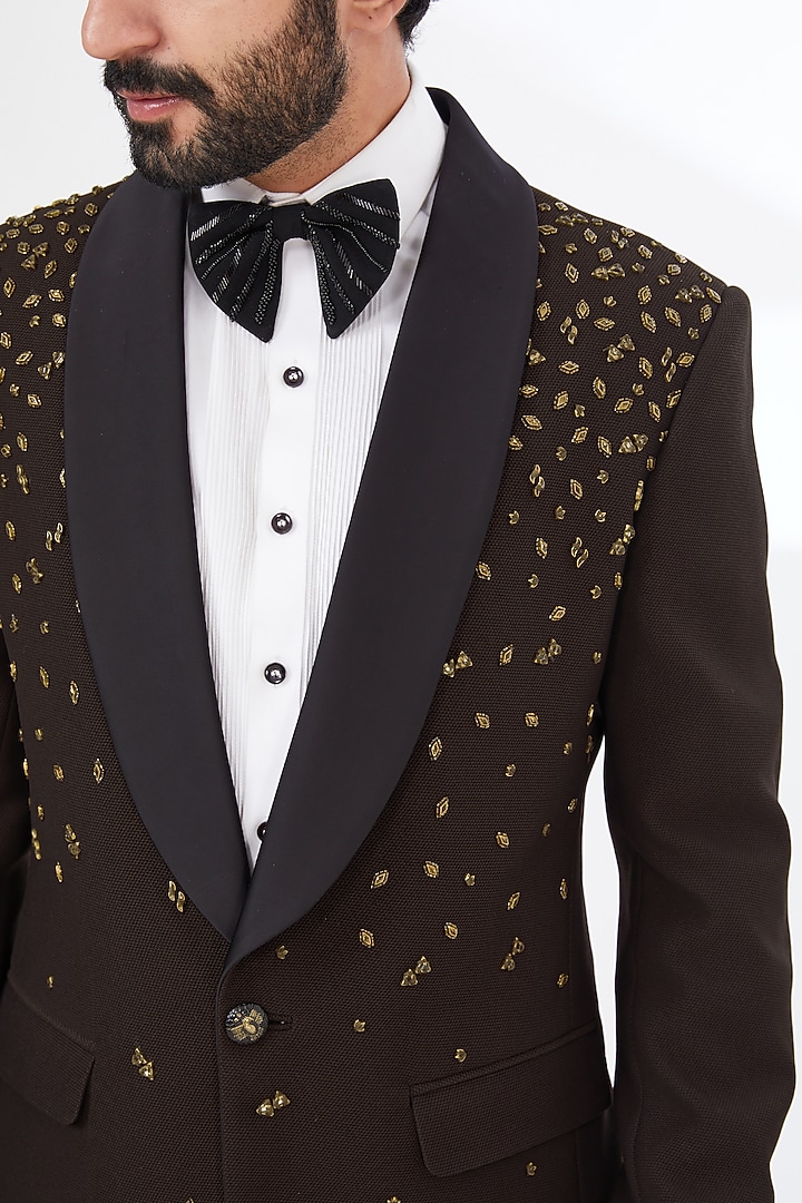 Brown Cotton Polyester Mix Beaded Blazer Set by attire by kunal & Sid j at Pernia's Pop Up Shop