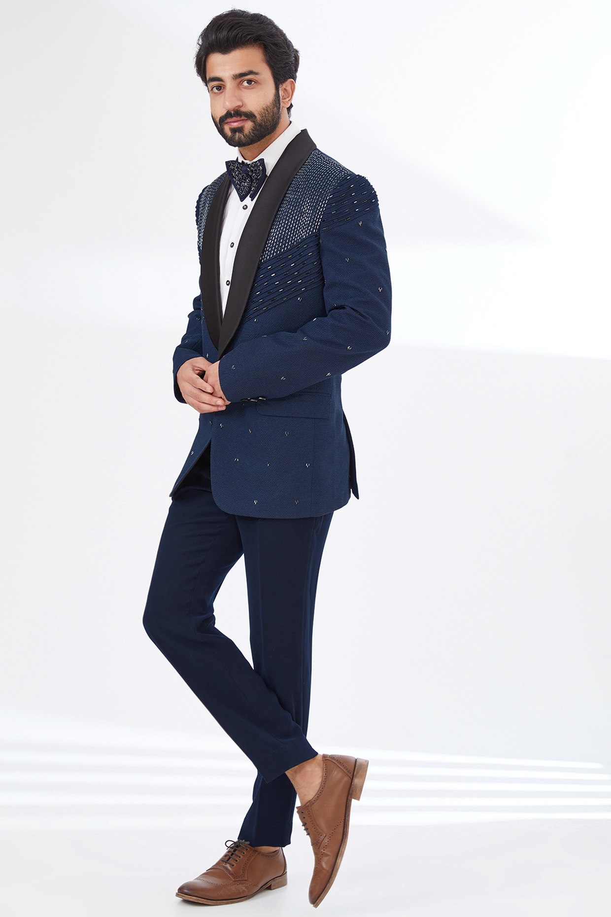 Blue Cotton Polyester Mix Beaded Blazer Set by attire by