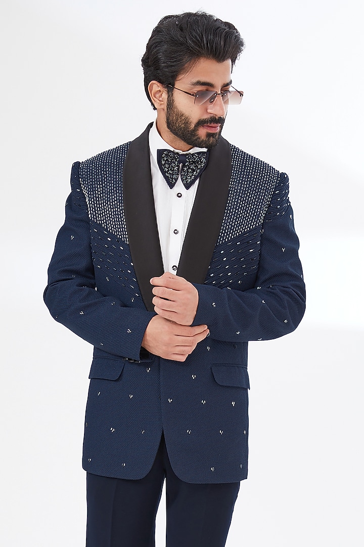 Blue Cotton Polyester Mix Beaded Blazer Set by attire by kunal & Sid j at Pernia's Pop Up Shop