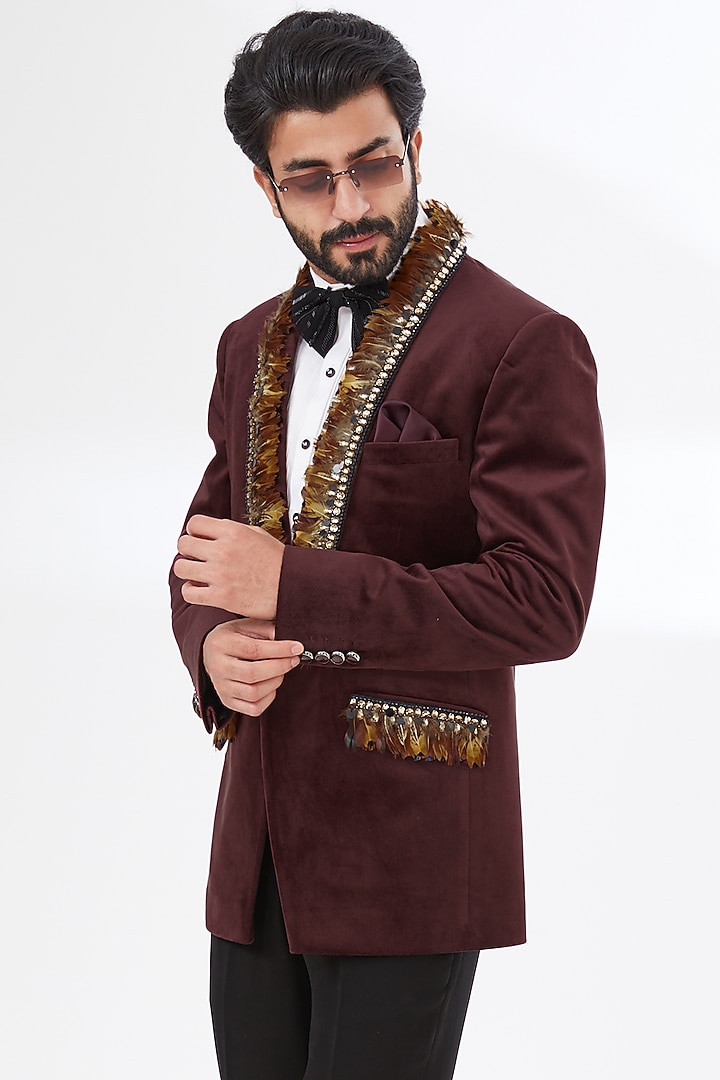 Maroon Suede & Cotton Blazer Set by attire by kunal & Sid j at Pernia's Pop Up Shop