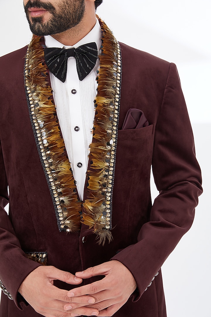 Maroon Suede & Cotton Blazer Set by attire by kunal & Sid j at Pernia's Pop Up Shop