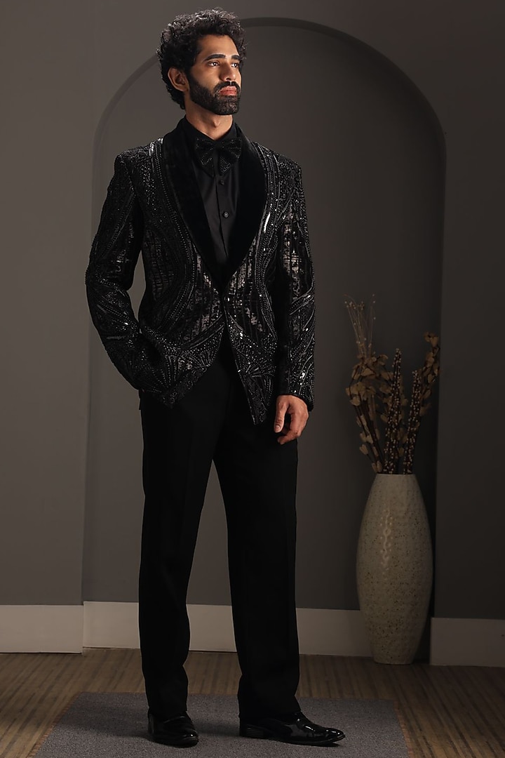Black Velvet Embroidered Tuxedo Set by Attire by kunal & Sid j at Pernia's Pop Up Shop