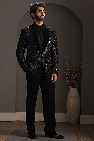 Black Velvet Embroidered Tuxedo Set by Attire by kunal & Sid j