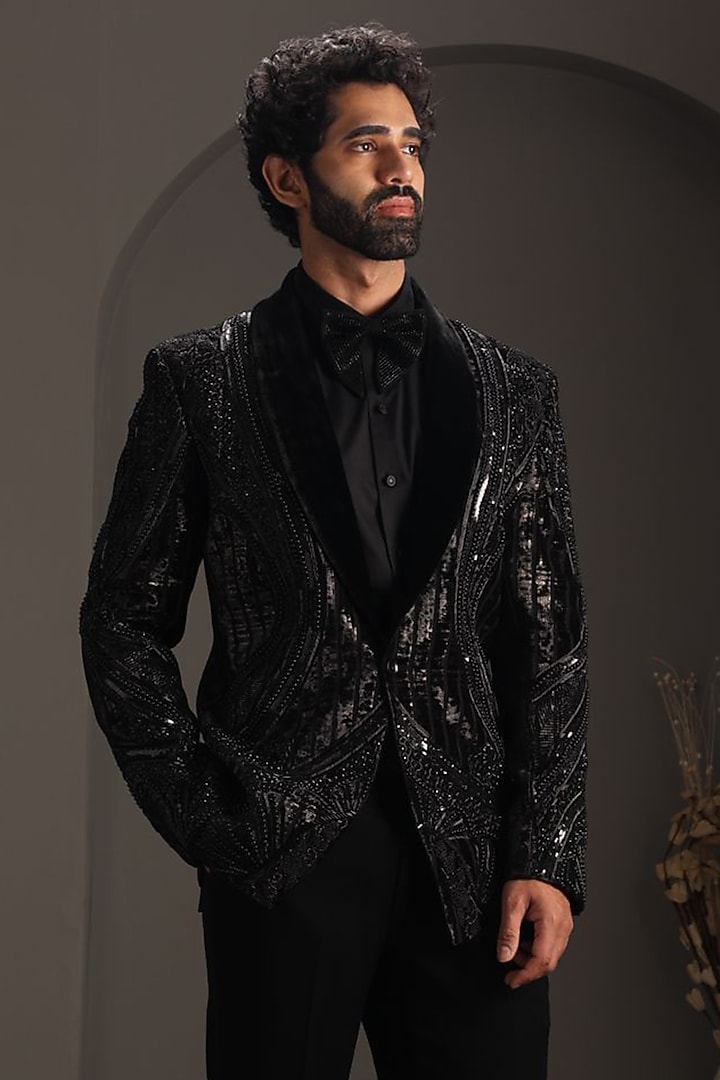 Black Velvet Embroidered Tuxedo Set by Attire by kunal & Sid j at Pernia's Pop Up Shop