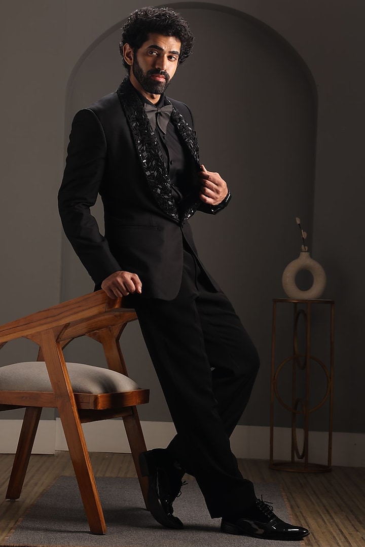 Black Terry Rayon Embroidered Tuxedo Set by Attire by kunal & Sid j at Pernia's Pop Up Shop