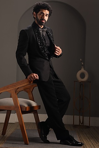 Black Terry Rayon Embroidered Tuxedo Set by Attire by kunal & Sid j