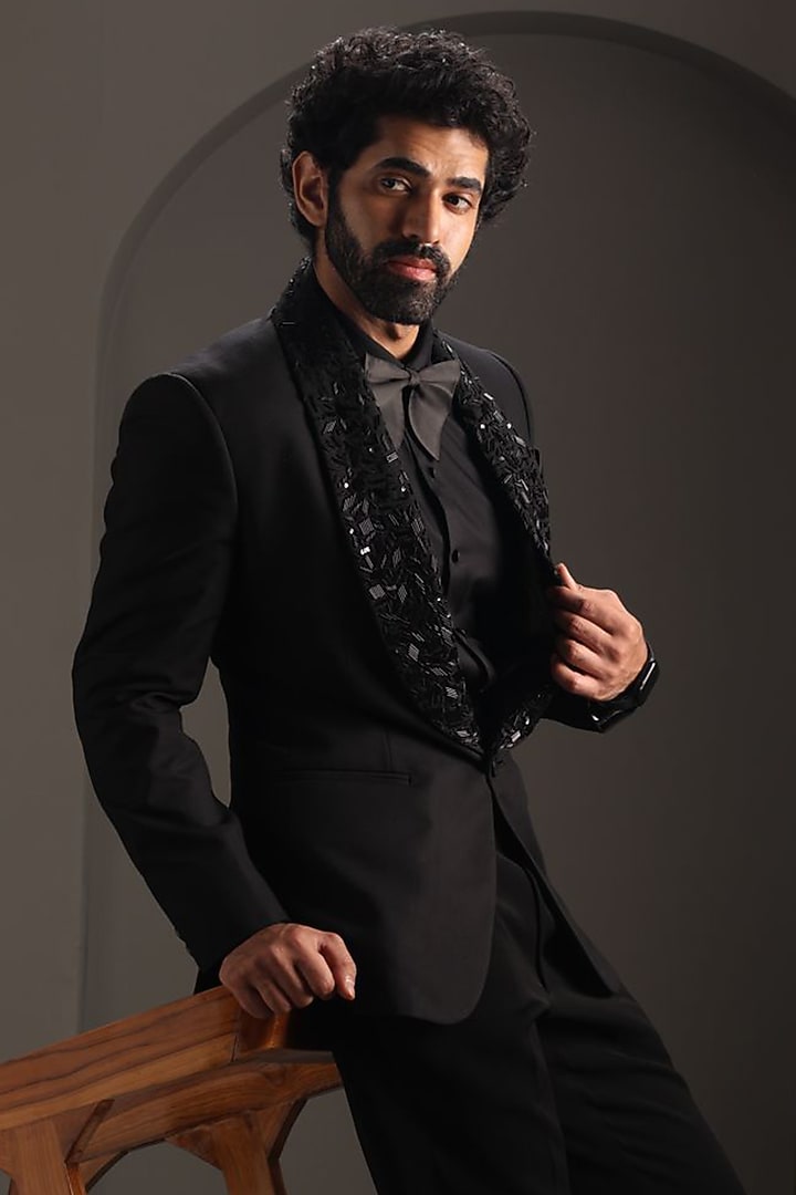 Black Terry Rayon Embroidered Tuxedo Set by Attire by kunal & Sid j at Pernia's Pop Up Shop