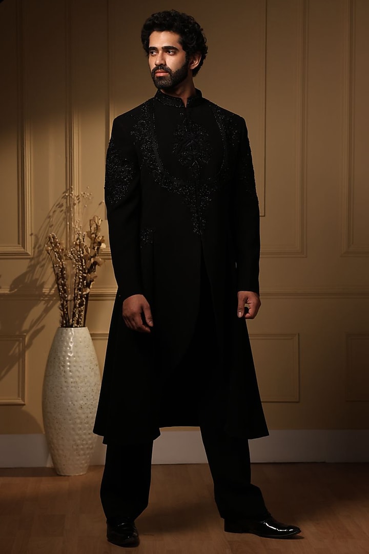 Black Korean Fabric Embroidered Wedding Indowestern Set by Attire by kunal & Sid j at Pernia's Pop Up Shop