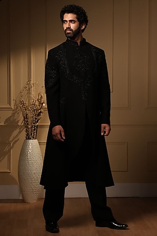 Black Korean Fabric Embroidered Indowestern Set by Attire by kunal & Sid j